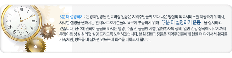 3분더 설명하기: 문경제일병원 진료과장 일동은 지역주민들께 보다 나은 양질의 의료서비스를 제공하기 위해서, 자세한 설명을 원하시는 환자와 보호자분들의 욕구에 부응하기 위해 '3분 더 설명하기 운동' 을 실시하고 있습니다. 진료에 관하여 궁금해 하시는 병명 수술 전 궁금한 사항, 입원환자의 상태, 일반 건강 상식에 이르기까지 무엇이든 성심 성의껏 설명 드리도록 노력하겠습니다. 본원 진료과장들은 지역주민들에게 한발 더 다가서서 환자를 가족처럼, 병원을 내 집처럼 만드는데 최선을 다하고자 합니다